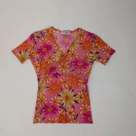 Free With Purchase - Floral Mesh T-Shirt Short Sleeve Sheer V-Neck Fitted Tight - Picture 8 of 9